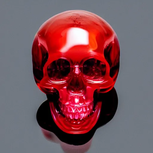 Image similar to transparent half filled with turbulent red liquid inside in a leaking transparent skull