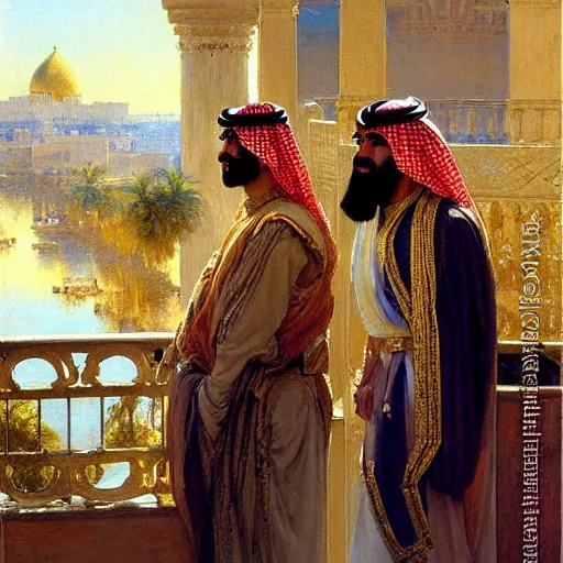 Image similar to attractive arab king confesses that is in love with his attractive male prince, in balcony of palace, above a river. highly detailed painting by gaston bussiere, craig mullins, j. c. leyendecker