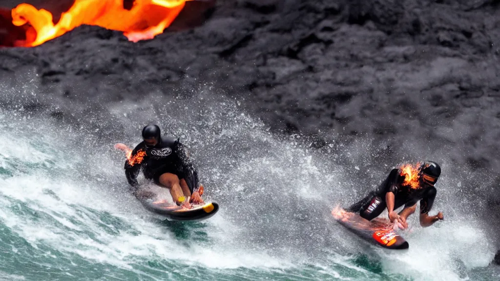 Image similar to person wearing a sponsored team jersey with logos surfing down a river of lava on the side of a volcano on surfboard, action shot, dystopian, thick black smoke and fire, sharp focus