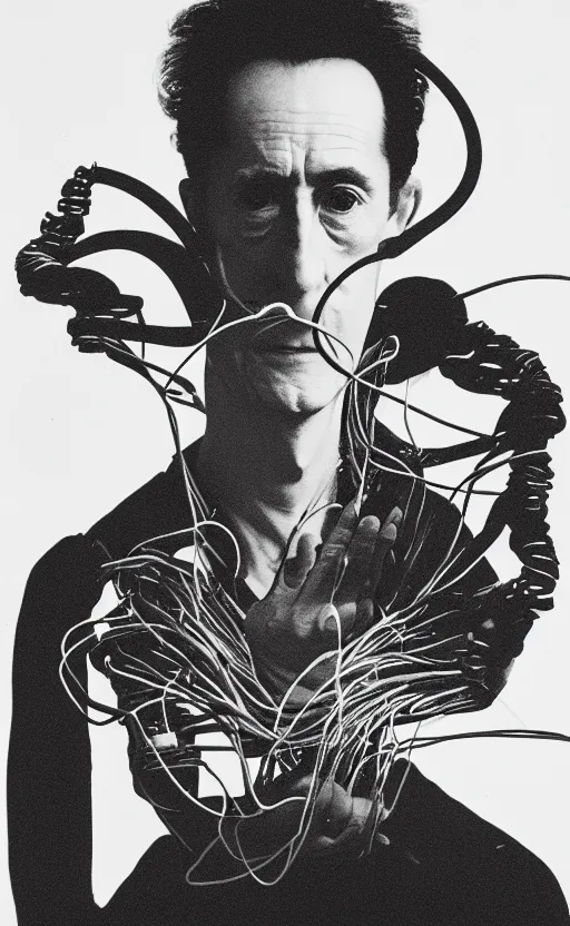 Image similar to a minimalist portrait of Marcel Duchamp holding computer cables in the style of Annie Leibovitz, Irving Penn, Hito Steyerl, Akira Kurosawa, Shinya Tsukamoto, line drawing and 35mm film, wide angle, monochrome, futuristic tetsuo