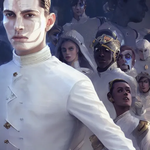 Image similar to portrait of a regal prince in futuristic white clothes, high collar, sharp cheekbones, hopeful expression, surrounded by a crowd of furious people out of focus, matte painting, digital art, stylized, highly detailed, by cedric peyravernay