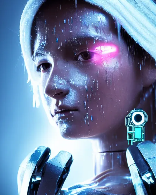 Prompt: portrait photo of female dancer as a cyberpunk mecha humanoid robotic head shoulder parts with straight bright led lights, wet skin with water dripping down face, ultra - realistic and detailed, 8 k hdr