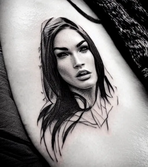 Image similar to megan fox face double exposure with beautiful mountains, tattoo sketch, hyper - realistic, in the style of matteo pasqualin, amazing detail, sharp, black and white