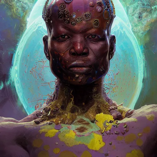 Prompt: an african!! cosmic god bending space time, watchmen, dim light, bloom, front game card, marvel comics, dark, intricate, highly detailed, smooth, artstation, digital illustration by ruan jia and mandy jurgens and artgerm and wayne barlowe and greg rutkowski and zdislaw beksinski, and adi granov