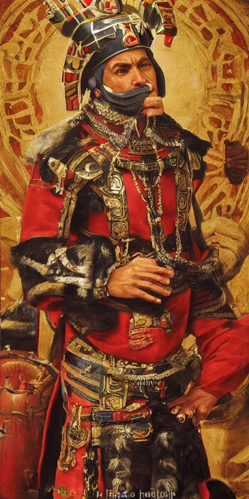 Image similar to Highly detailed and cinematic Renaissance period portrait oil painting of the Incan emperor Atahualpa!!! an oil painting ((masterpiece)) by ((Josep Tapiró Baró)), RPG portrait, dynamic lighting, 8K, Incan!! Inca symbols