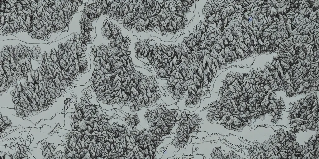 Prompt: A photo of a detailed handwritten map of a forest with rivers and a mountain