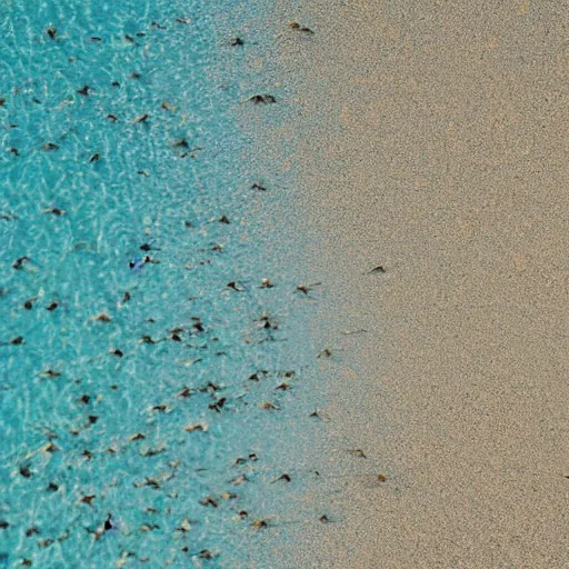Image similar to empty shore with the sun in the sand. Blue vultures circling the sun. hyper realistic. high definition 8K. beautiful. colorful