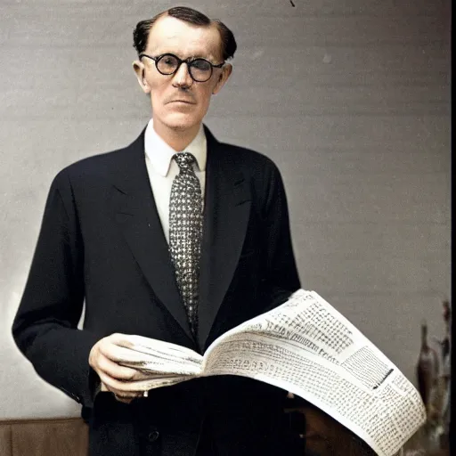 Prompt: a man in a suit and tie holding a newspaper, a colorized photo by milton menasco, private press, associated press photo, american propaganda