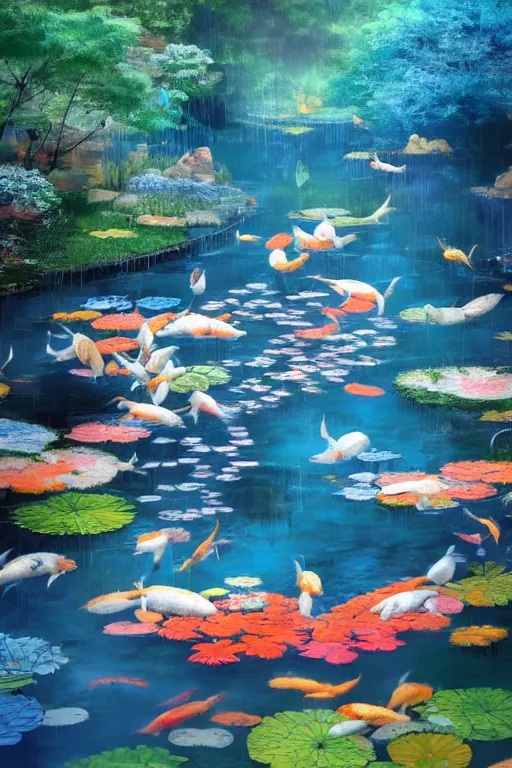 Image similar to nenufar in a pond surrounded by koi carp, colorful, blue backgroung,clean, joyful, intricate, elegant, volumetric lighting, scenery, digital painting, highly detailed, artstation, sharp focus, illustration, concept art, ruan jia, steve mccurry