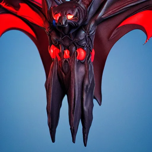 Image similar to detailed full body of scary giant mutant dark blue humanoid bat, glowing red eyes flying above a stormy ocean, sharp teeth, acid leaking from mouth, realistic, giant, bat ears, bat nose, bat claws, bat wings, furred, covered in soft fur, detailed, 85mm f/1.4