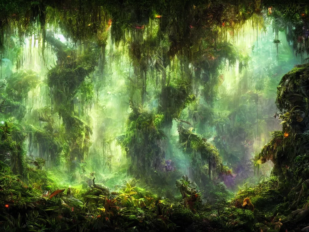 Image similar to a fantasy beautiful dense biorelevant rainforest setting, ultrawide angle, glowing animals surround it with pixie dust ether floating in the air, hdr, epic scale, cmyk, deep spectrum color