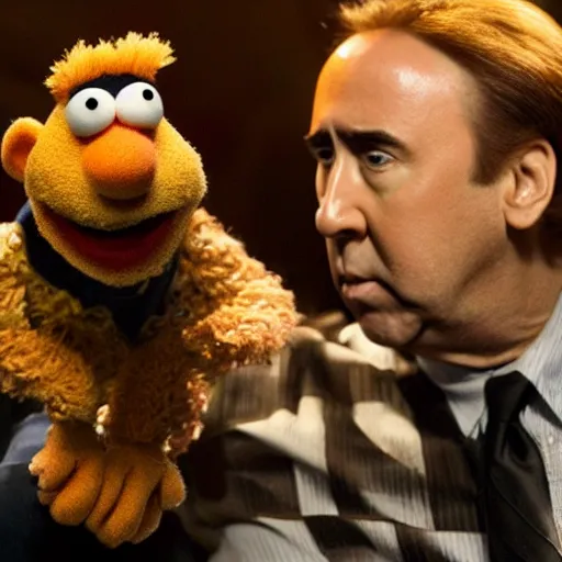 Image similar to A still of Nicolas Cage as a muppet, 4k, 35mm, ultra realistic, studio lighting