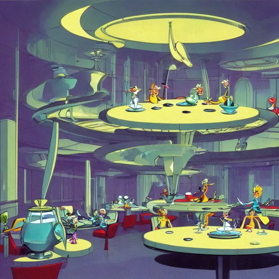 Prompt: concept art of jetsons cartoon indoor big dinning room, painted by tim white