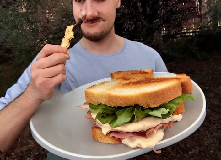 Prompt: Detrans man eating a chicken and bacon sandwich