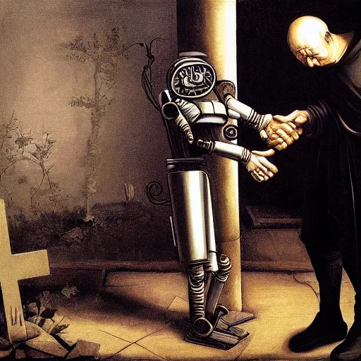 Image similar to painting of old man shaking hands with a robot in a graveyard, liminal, gothic, eerie, intricate, detailed, award winning painting, art by caravaggio,