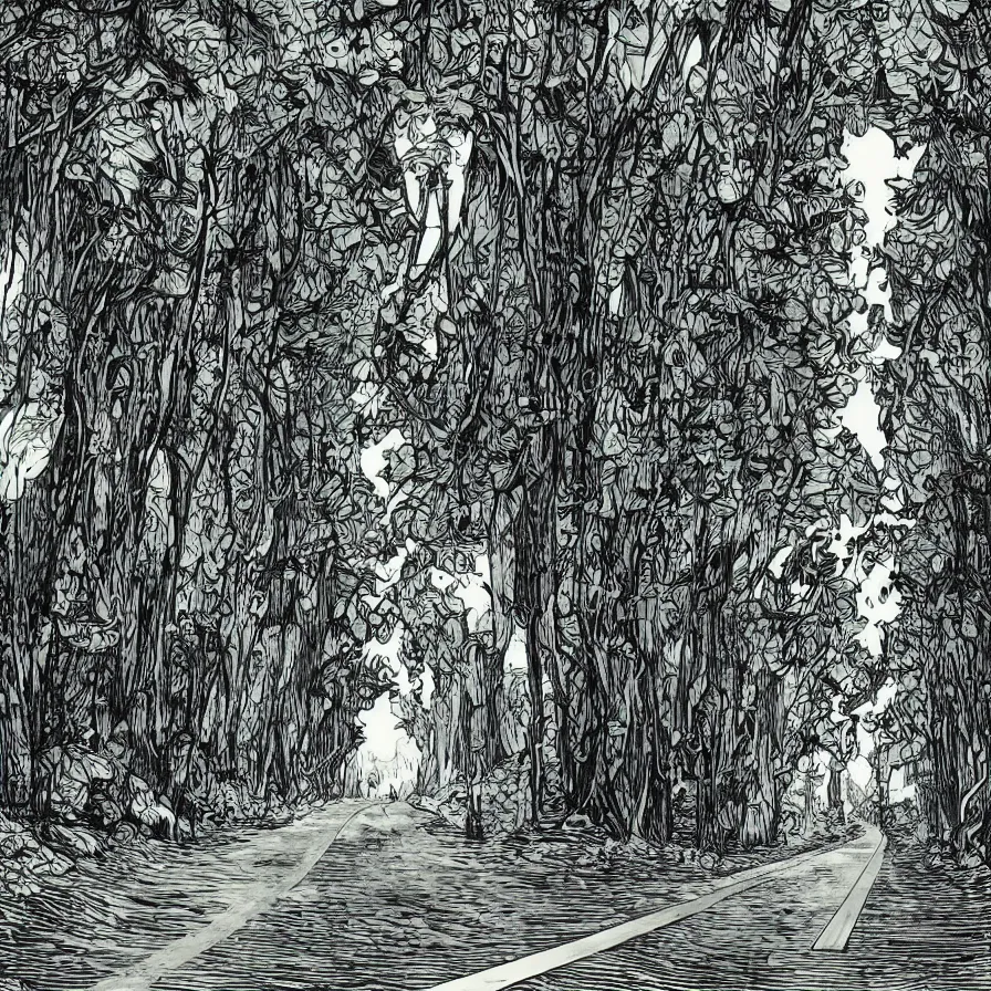 Image similar to highway to the sun as an etching, video game, cavern forests, monochrome