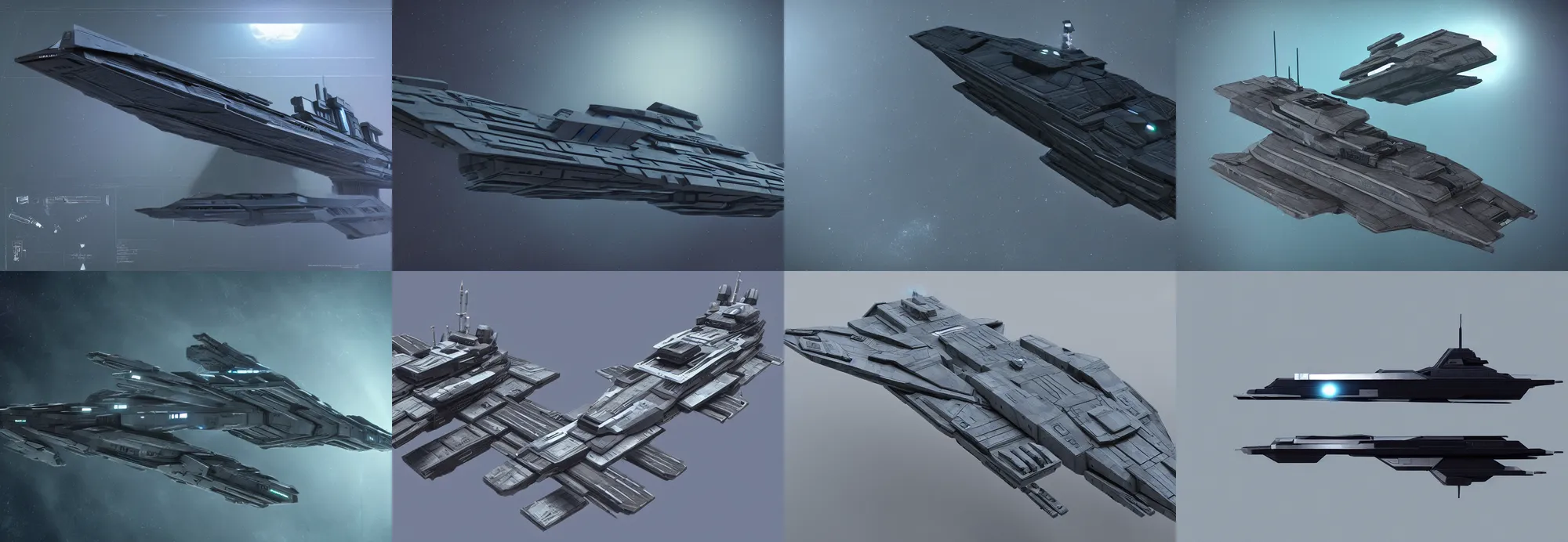 Prompt: a rectangular rectilinear spaceship cruiser battleship inspired by sulaco, star destroyer, ilm, beeple, star citizen halo, mass effect, starship troopers, elysium