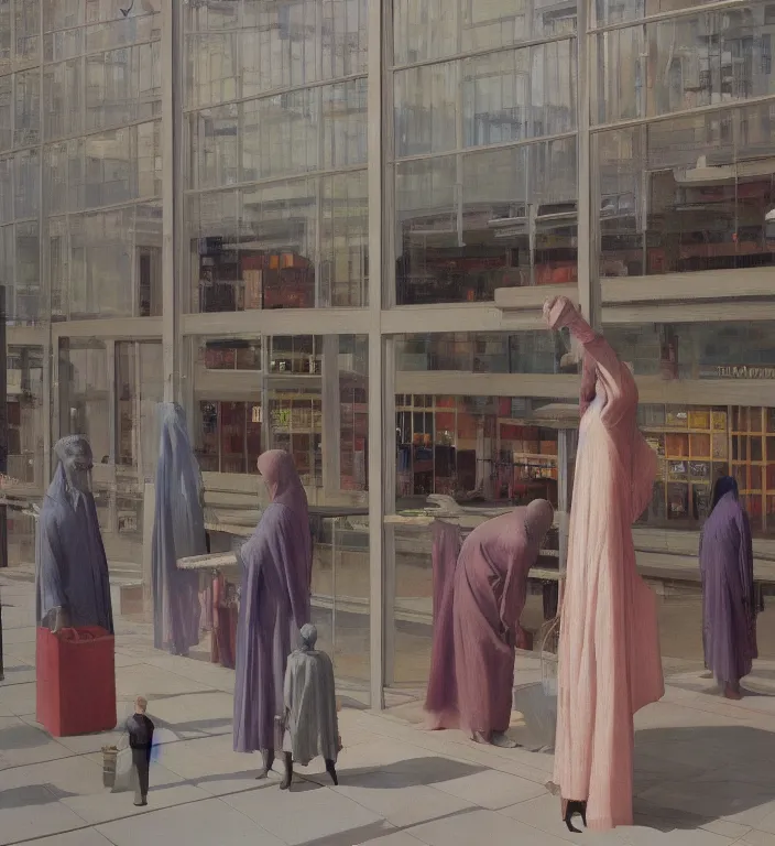 Prompt: motion controlled camera in transparent robes, in magnificent shopping mall, oil painting by edward hopper, zdislav beksinski, wayne barlowe