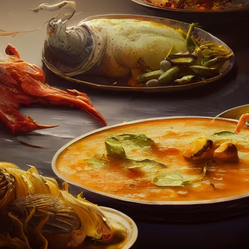Image similar to A close up shot of a table-spread of amazing food hot and fresh and steaming, ultra high detailed, oil painting, Greg Rutkowski, Charlie Bowater, Yuumei, Yanjun Cheng, unreal 5, DAZ, hyperrealistic, octane render, RPG portrait, dynamic lighting, fantasy art, beautiful