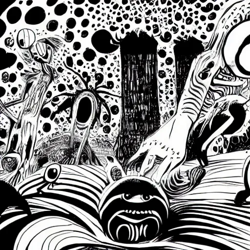 Image similar to black and white trippy comic art of global tourism, drawn by Martin Rowson, Tim Burton, Studio Ghibli, Alex Pardee, Nekro Petros Afshar, James McDermott, cgsociety 4K