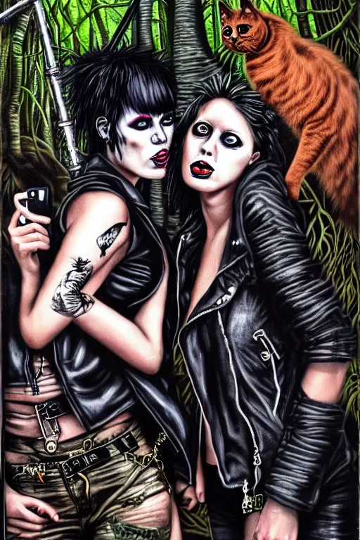 Image similar to punk rock girls kissing and making selfie with black cats in jungle , 1980 style, mad max jacket, post apocalyptic, Cyberpunk, renaissance, Gothic, mystic, highly detailed, 4k, fog, oil painting on canvas, sharp focus,, hyper realistic style, dramatic lighting, fantasy by Olga Fedorova