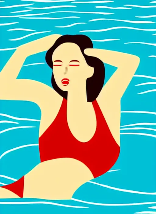 Image similar to portrait of a girl, in retro swimsuit, lying by the pool, minimalist illustration, flat colors, contrasting shadows art by anri matiss