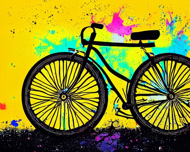 Image similar to a bicycle in front of a yellow background. paint splashes, outrun, vaporware, shaded flat illustration, digital art, trending on artstation, highly detailed, fine detail, intricate