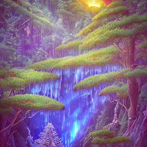 Image similar to A beautiful photograph of a breathtaking detailed fantasy forest landscape of waterfalls, mountains, trees and valleys, all lit by ten scattered small glowing colored bioluminescent plants, tiny fireflies and moonlight at midnight, by geof darrow, David Noren, jordan grimmer, tyler edlin, featured on cgsociety, aerial view, wide angle landscape, ISO 100, f/32, fantasy art, 8k