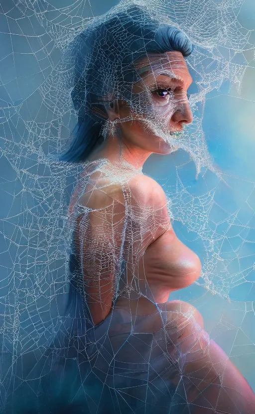 Image similar to a oil painting hyperrealism of a beautiful woman, cobwebs, spider makeup, cobwev headdress, 8 k resolution, octane render, trending on artstation, by gediminas pranckevicius, volumetric light 2 blue fractal thunder glow by dan mumford, anaglyph effect, laurie lipton