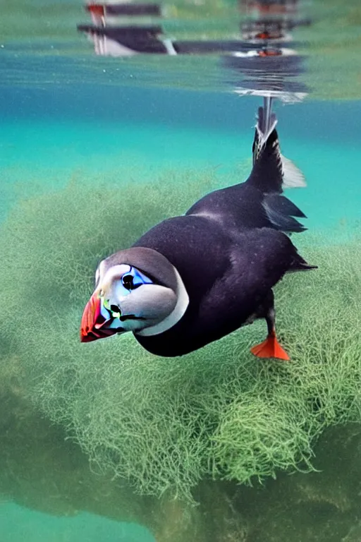 Image similar to beautiful photo of a puffin swimming amongst seaweed underwater in clear water