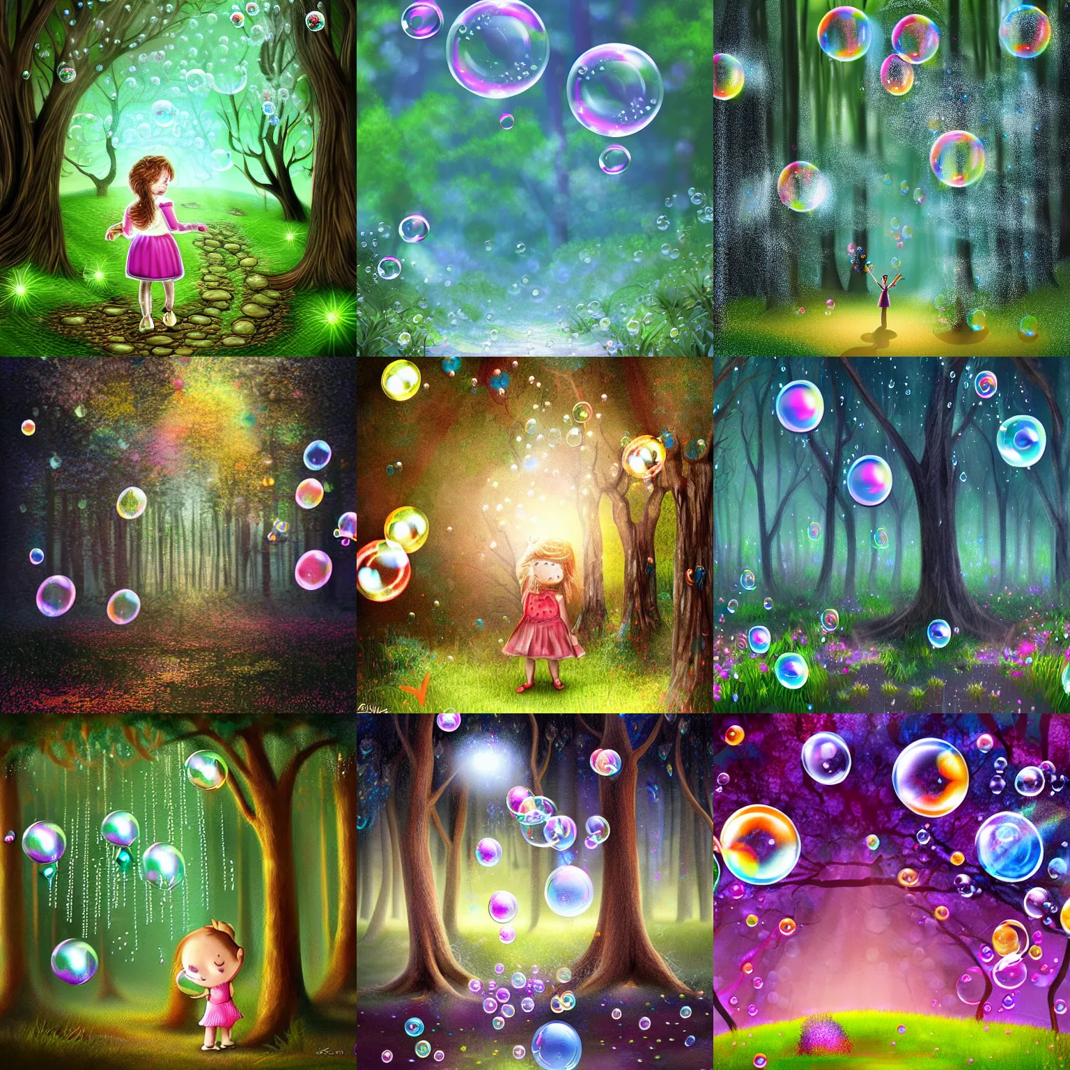 Prompt: It's raining bubbles in a magical forest, digital art
