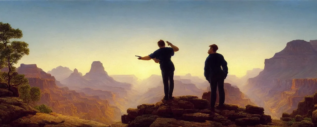 Prompt: romantic painting, wide shot of a chubby man in wearing a white t - shirt and blue shorts ( looking at his cellphone )!!!!!! in front of a the grand canyon at sunrise, highly detailed, sublime, hyperrealistic, painted by caspar david friedrich and albert bierstadt, trending on artstation 8 k