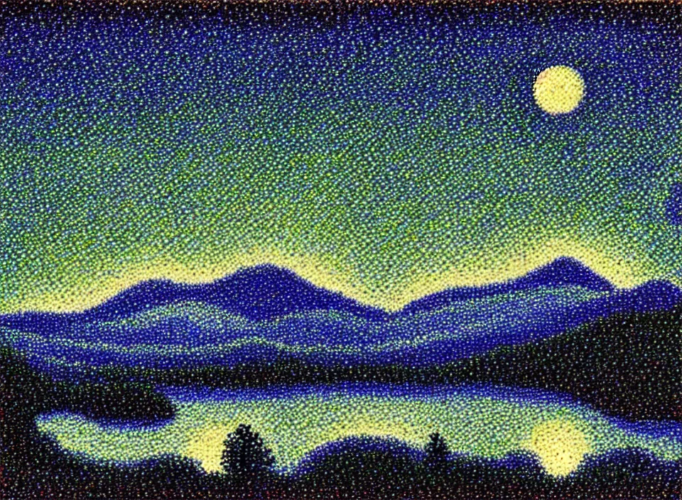 Image similar to a peaceful mountain valley with a lake at night and crescent moon, pointillism