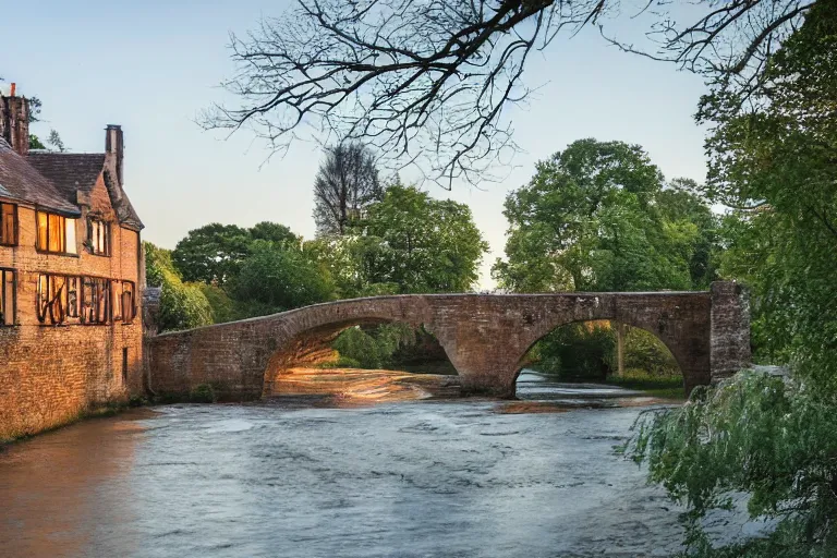Image similar to landscape photography, realistic photo of a tudor style detached house, a river flowing through the scene, arched bridge, riverboat in the foreground, dusk