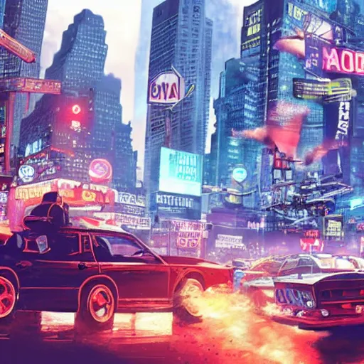 Prompt: ten members of mafia and their leader, in a firefight, with the nypd police squad, guns blazing, machine guns, pistols, in new york city, cyberpunk, highly detailed, cars, traffic signs, robots, neon lights, big and small, skyscrapers, explosions