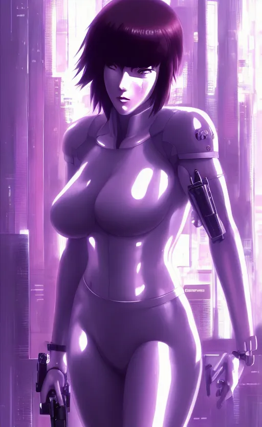 Image similar to a still fullbody portrait of motoko kusanagi ghost in the shell, finely detailed features, closeup at the faces, perfect art, at a cyberpunk city, gapmoe yandere grimdark, trending on pixiv fanbox, by ilya kuvshinov, rossdraws, artgerm