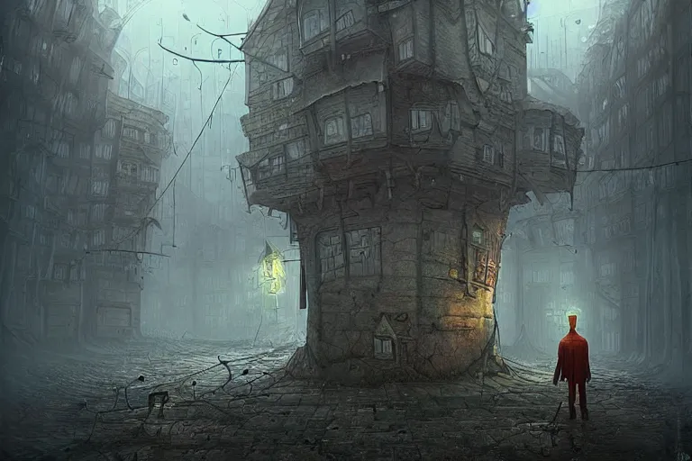 Image similar to a creepy cultist standing in a dystopian city by gediminas pranckevicius,