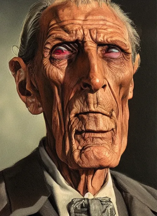 Prompt: portrait of Peter Cushing as Grimsdyke in Tales From the Crypt (1972), highly detailed, centered, solid color background, digital painting, artstation, concept art, smooth, sharp focus, illustration, artgerm, donato giancola, Joseph Christian Leyendecker, Les Edwards, Ed Repka, WLOP, Artgerm