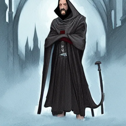 Image similar to 4 0 years old man, skinny, slim : : goatee : : hooded cloak : : medieval city, night, dark, grim, high detail, digital art, rpg, illustration