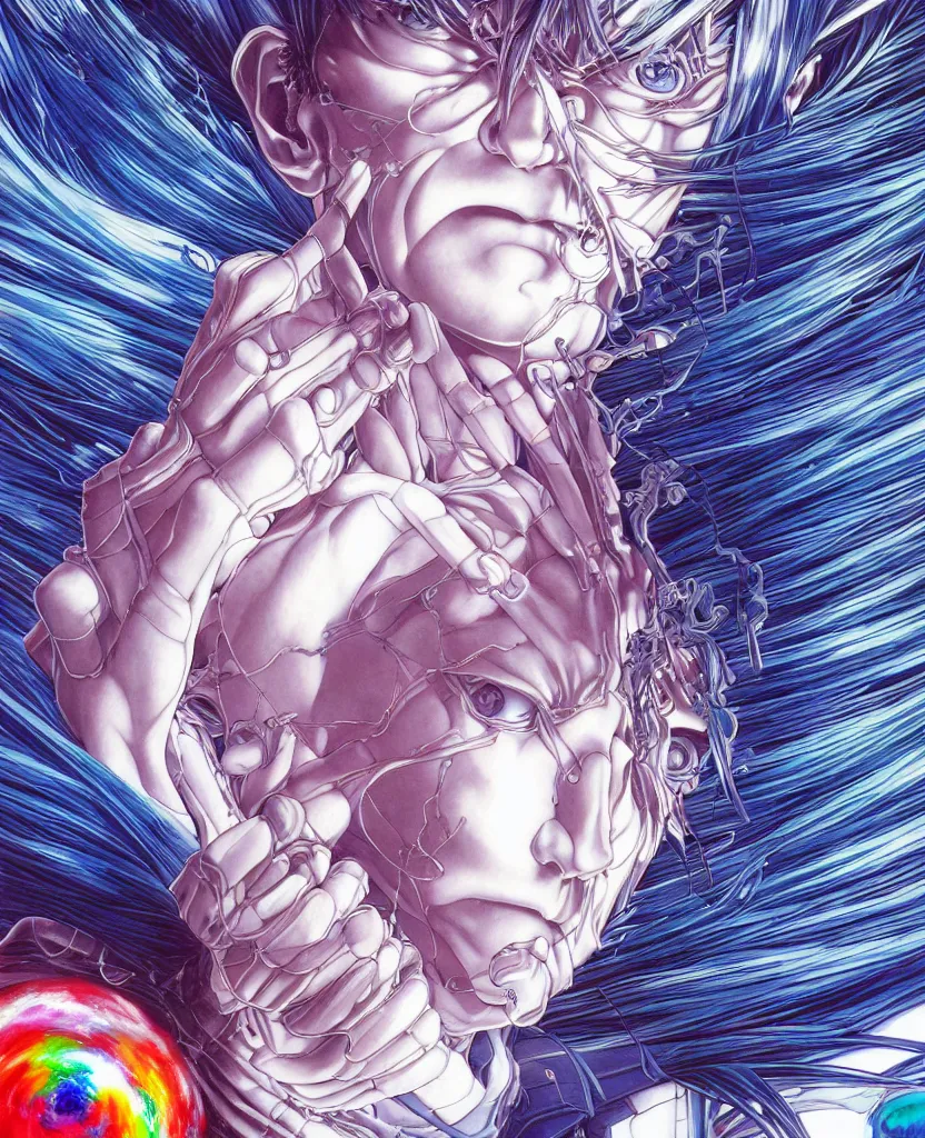 Image similar to symmetrical. realistic detailed image of ultra mega rainbow, realistic detailed male character, kaworu nagisa, depth perception, masterpiece, depth of field, action horror, gothic, vivid colors. art by yoshitaka amano, by yukito kishiro, by yoshiyuki sadamoto, by artgerm, by hajime sorayama