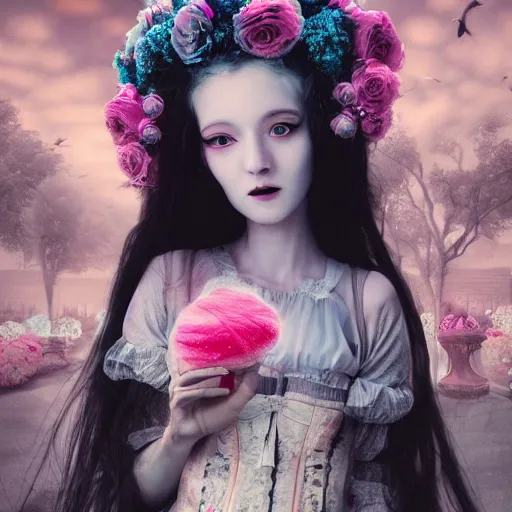 Image similar to 8 k, octane render, realism, tonalism, renaissance, rococo, baroque, cotton candy, creepy young lady wearing long harajuku manga dress with flowers and skulls ( background chaotic flowers )