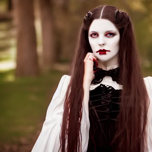 Prompt: A beautiful portrait of a lady vampire, victorian, dracula, ominous, depth of field, 85mm lens, bokeh, irwin penn, high definition, soft light