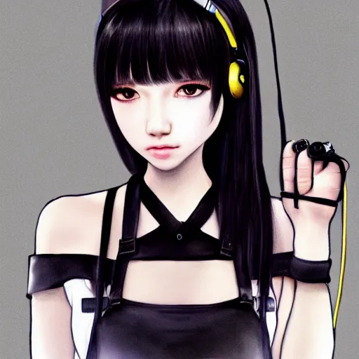 Image similar to realistic detailed semirealism beautiful gorgeous natural cute Blackpink Lalisa Manoban black hair black cat ears, wearing white camisole outfit, headphones, black leather choker artwork drawn full HD 4K high resolution quality artstyle professional artists WLOP, Aztodio, Taejune Kim, Guweiz, Pixiv, Instagram, Artstation