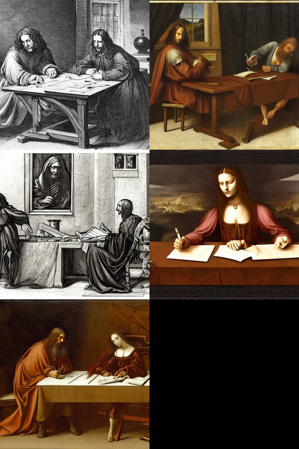 Prompt: da vinci hunched over a table writing a book as a obama stabs him in the back, realistic, hyper-detailed