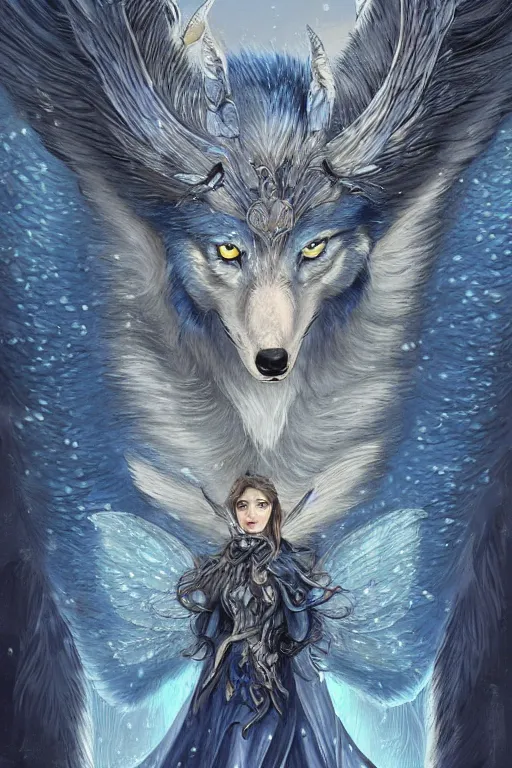 Prompt: blue wolf with wings, facing front, regal, elegant, winter, snow, beautiful, stunning, hd, illustration, epic, d & d, fantasy, intricate, elegant, highly detailed, digital painting, artstation, concept art, smooth, sharp focus, illustration, wallpaper, art by artgerm and greg rutkowski and alphonse mucha and jin xiaodi