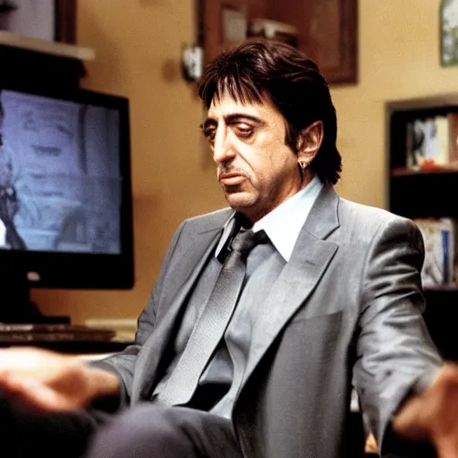 Image similar to al pacino as scarface playing video games at his desk, with a mountain of cocaine nearby