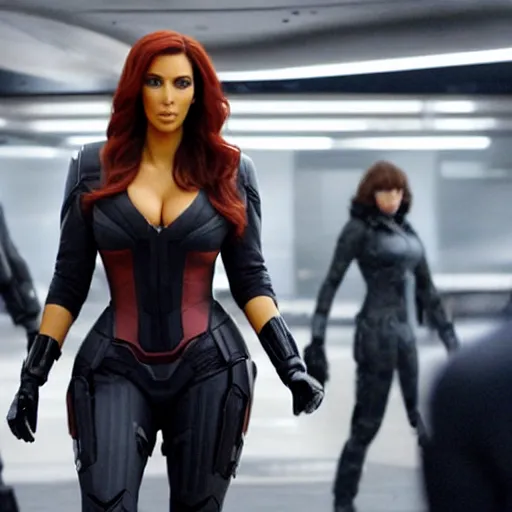 Image similar to A still of Kim Kardashian as Black Widow in Iron Man 2 (2010)