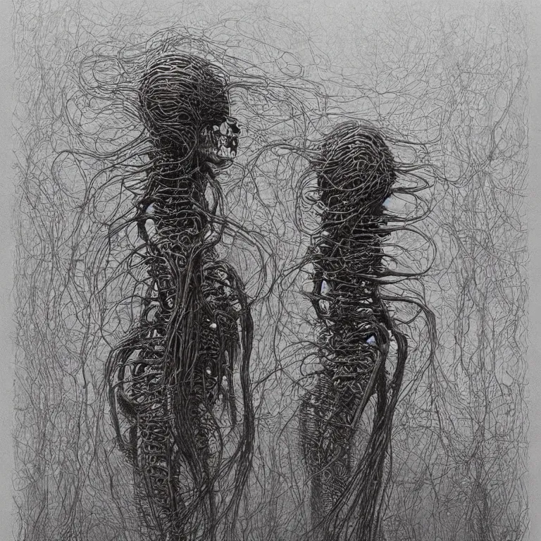 Prompt: organic cyborg alien skeleton alien centipede planet face style of peter gric zdzislaw beksinski surrealism poster art