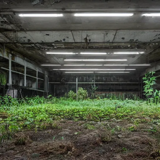 Prompt: a farm inside an abandoned car parking building, concrete, overgrown plants, neon, photo by greg girard