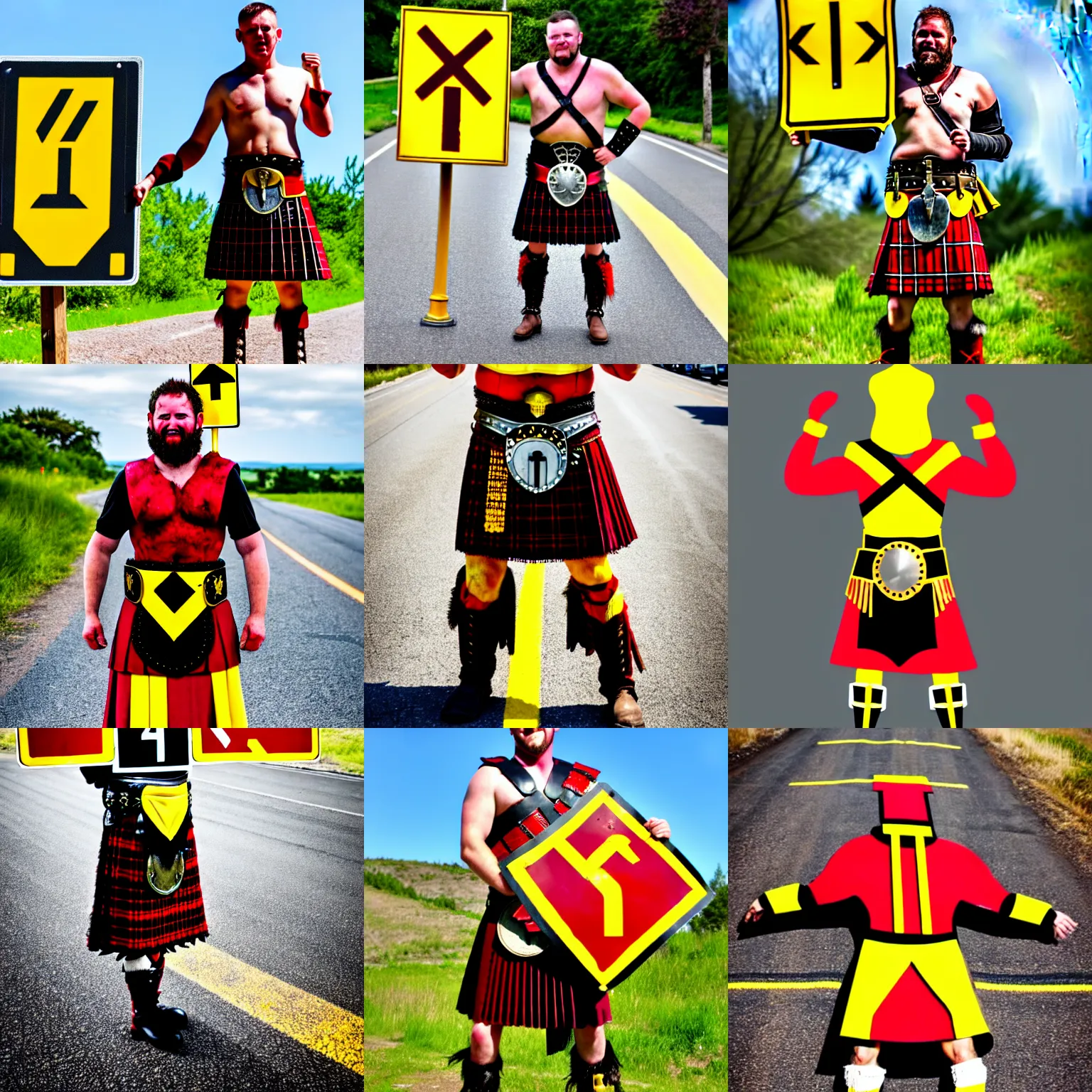 Prompt: gladiator wearing a road sign on his kilt, red and yellow road sign armor